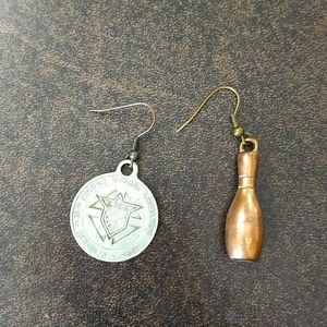 Vintage  mismatched, mixed metal bowling token and bowling pin earrings set.